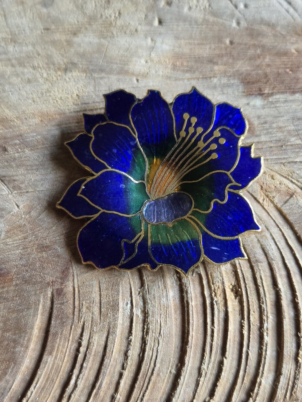 Vintage Floral Cobalt Blue Enamel Cloisonne Brooch